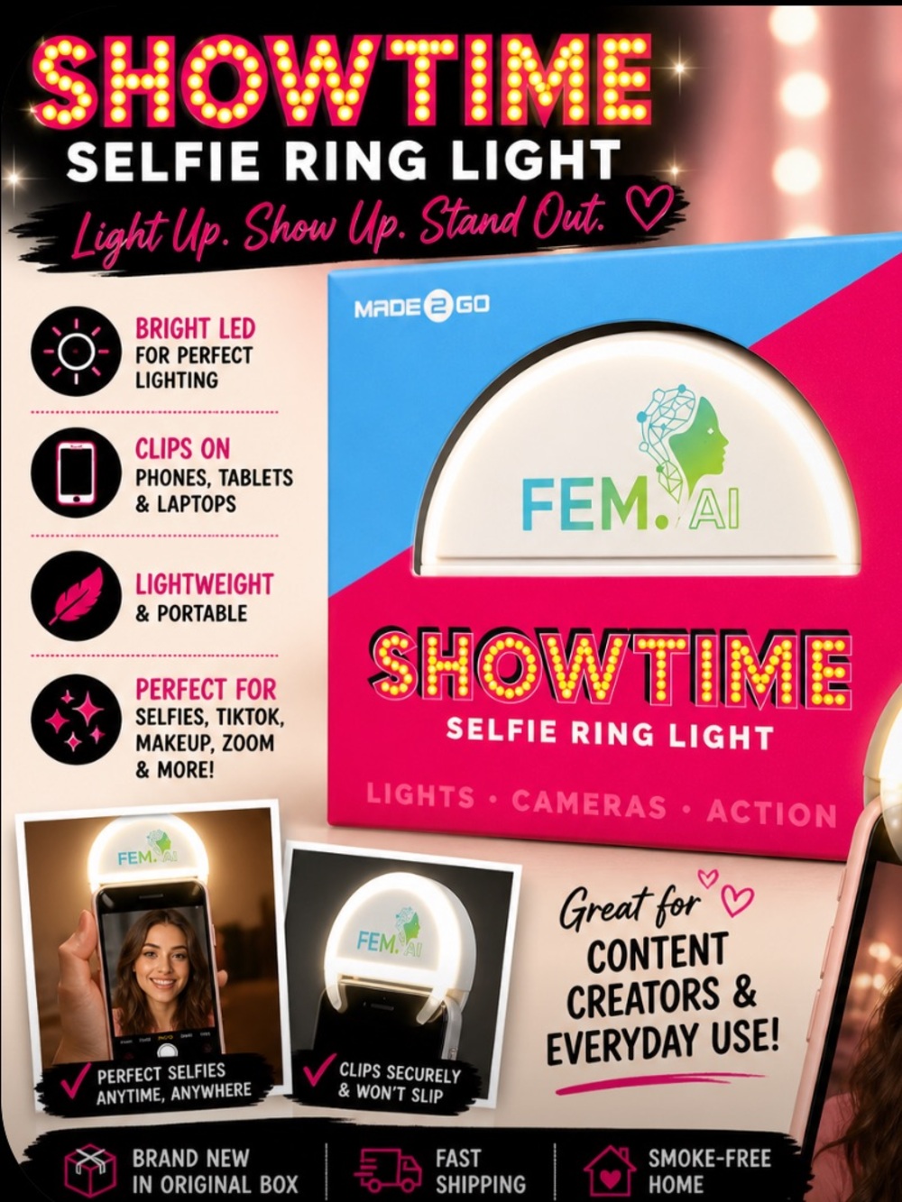 FEM.AI Showtime Selfie Ring Light - White & Teal